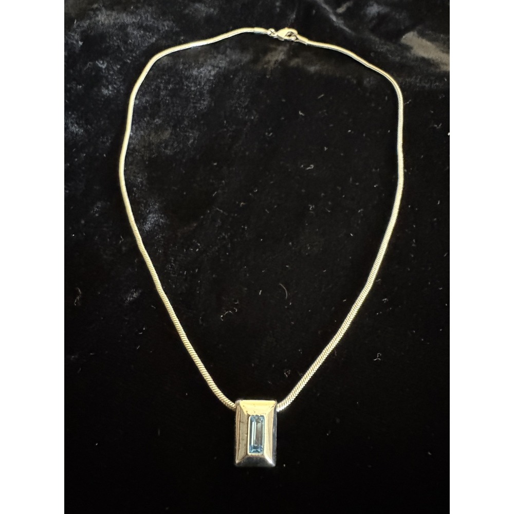 Silver Tone Snake Chain Necklace Blue Topaz Look Baguette Pendant 16" Y2K